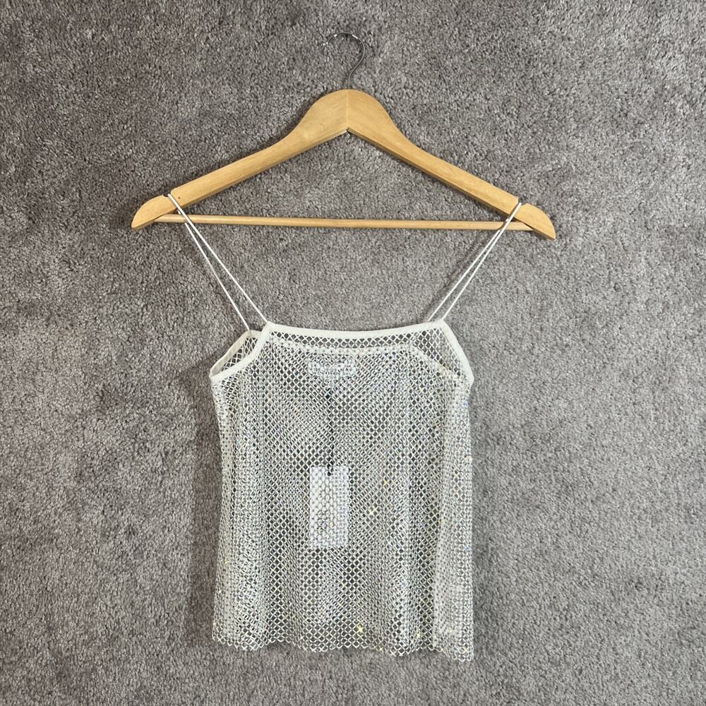 WeWoreWhat Women's Crystal Mesh Cami Top XXS 2XS Silver Sparkly Party Tank